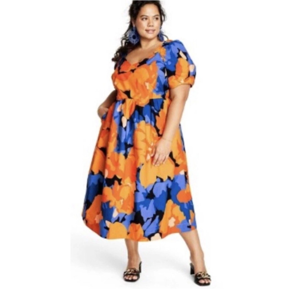 Tabitha Brown Target Bold Floral Midi Dress Sz 28/30 Tie Back Cutout Puff Sleeve